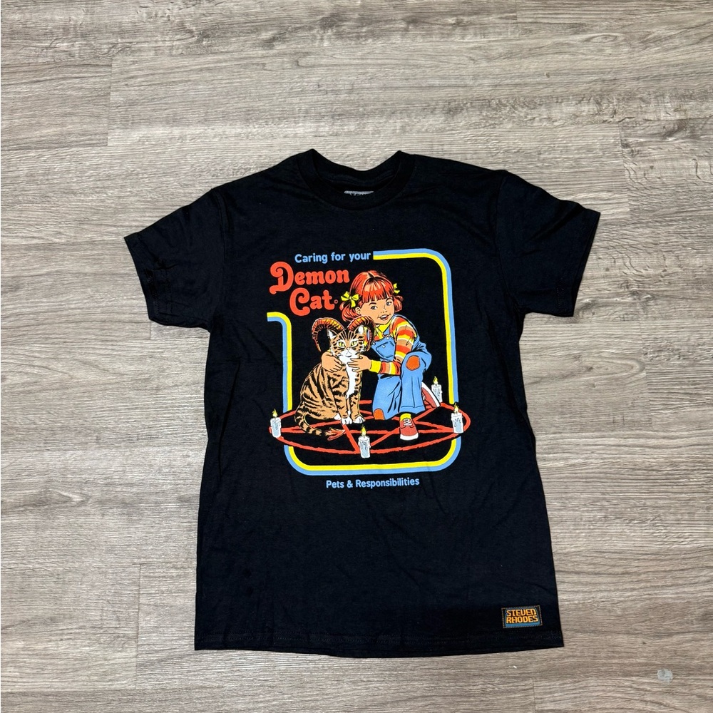 Black Graphic Tee with Demon Cat Design